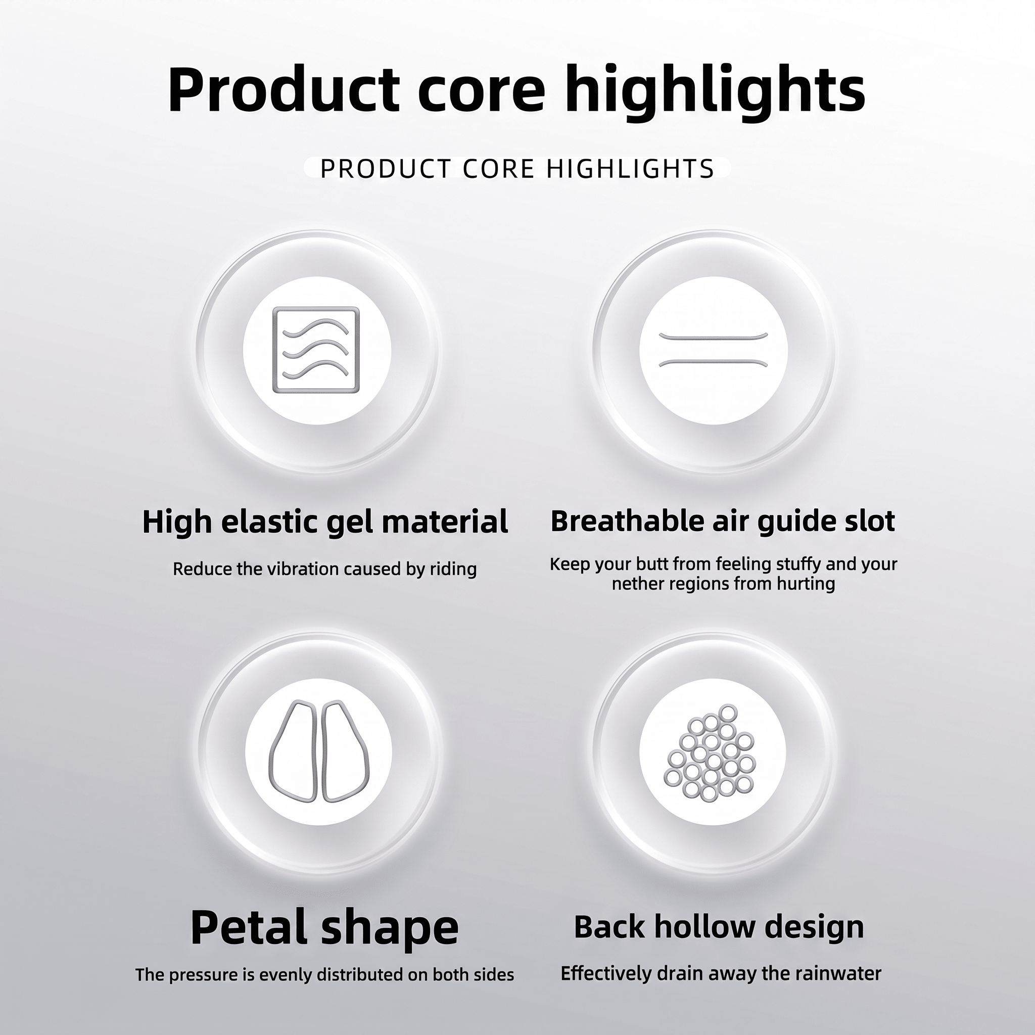  Infographic showing gel material, air channel, petal shape, and hollow-back design
