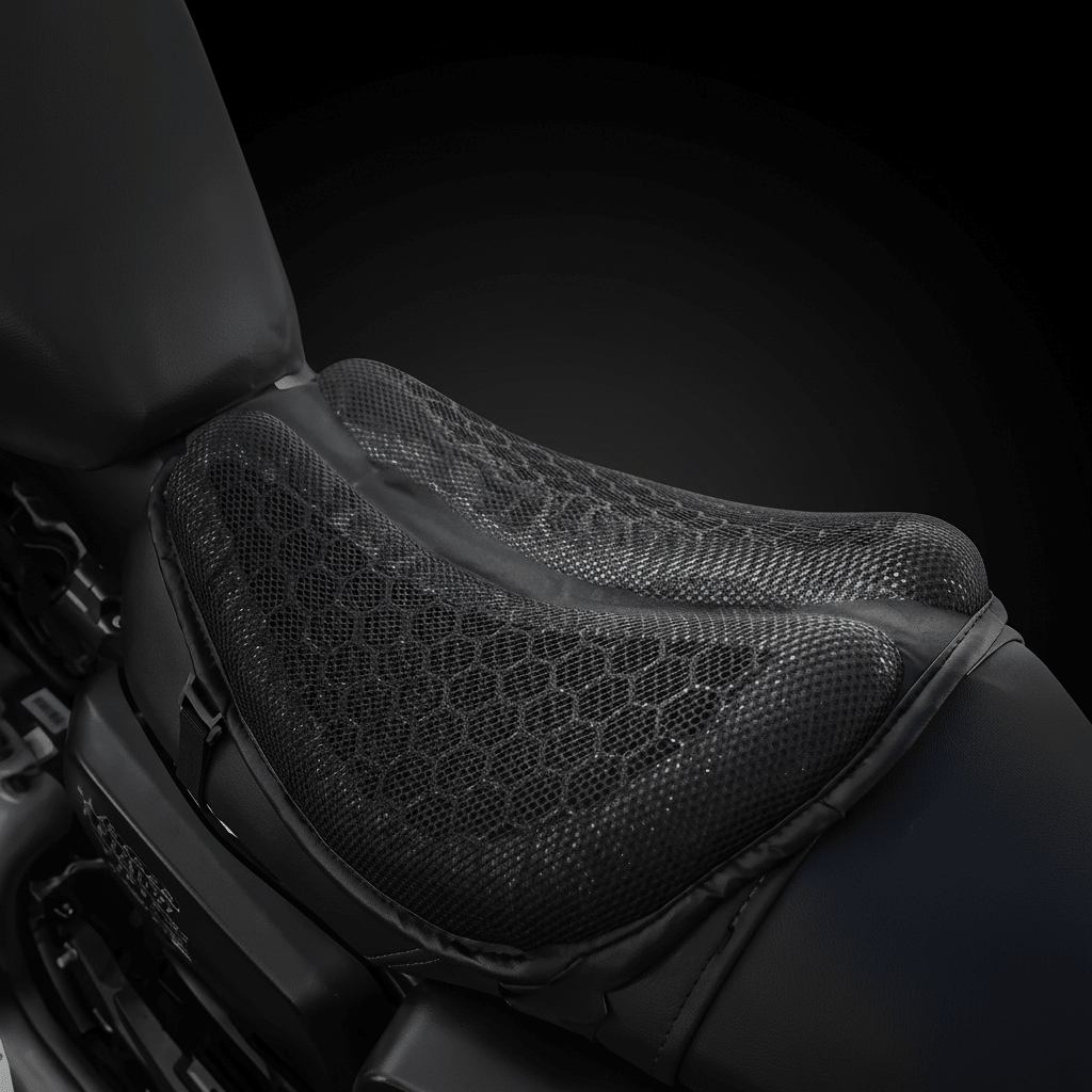 Black honeycomb motorcycle seat cushion fitted on a motorcycle seat, side view